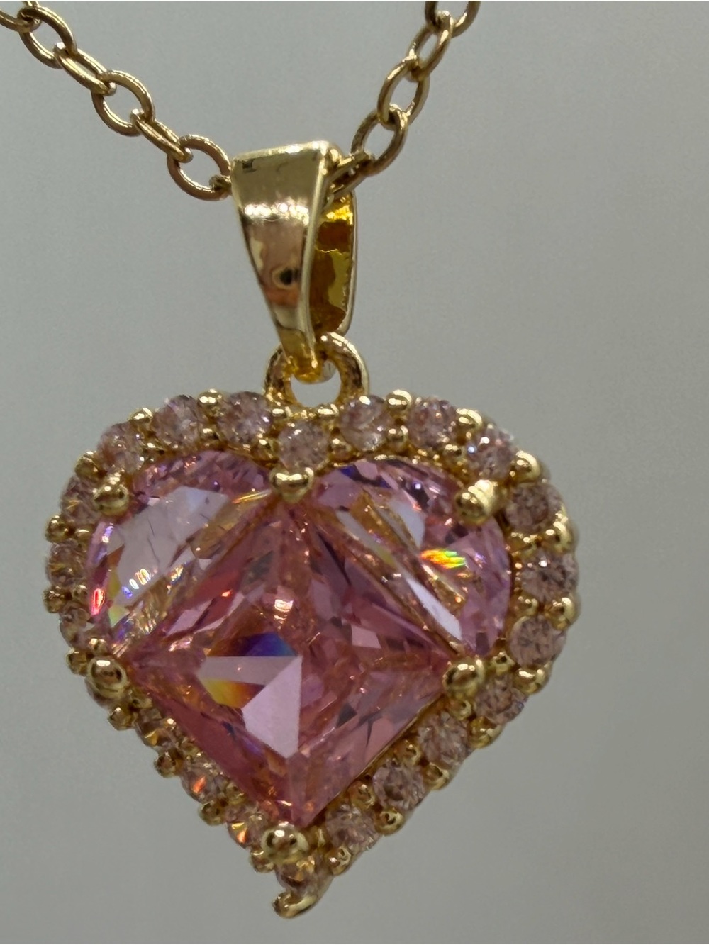 Gold-Tone Heart Pendant Necklace with Pink Crystal Accent